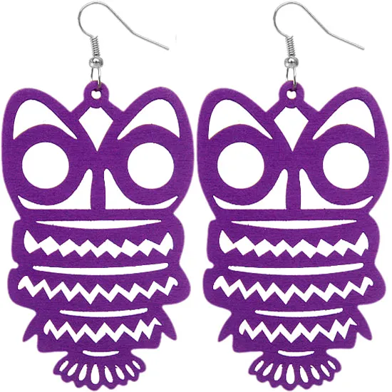 Purple Wooden Hoot Owl Earrings