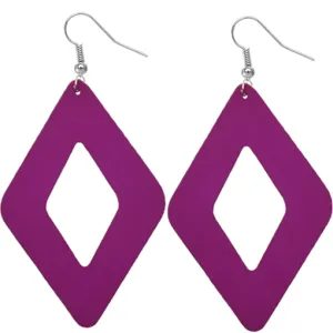 Purple Wooden Rhombus Shaped Dangle Earrings