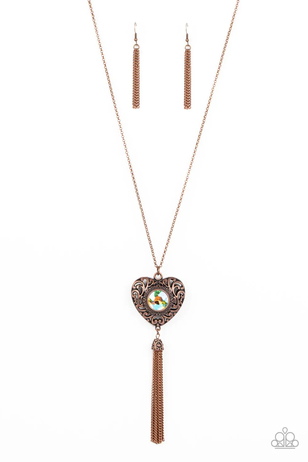"Prismatic Passion" Copper Metal & Multi Peach Iridescent Heart Tassel Necklace Set