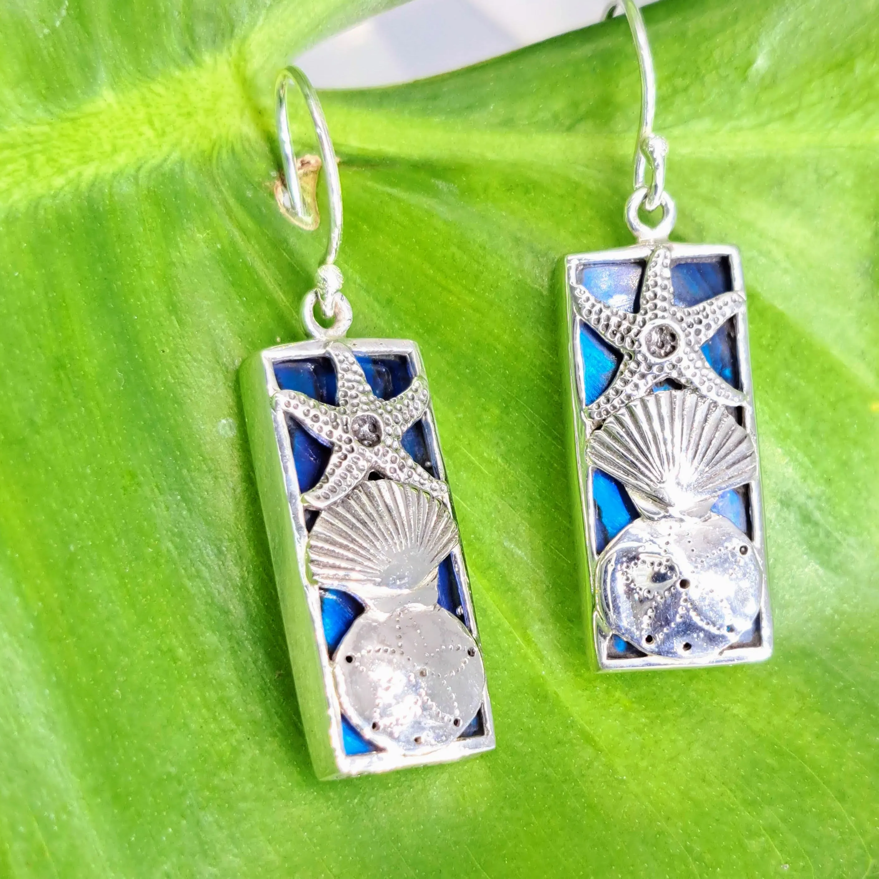 "She-Shell" 1.5" Earrings - Blue Paua Shell Mother Of Pearl, Sterling
