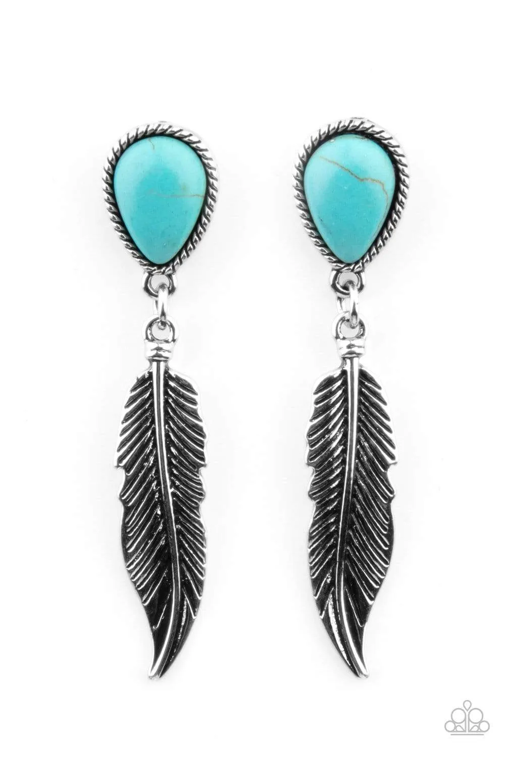 "Totally Tran-Quill" Silver Metal Blue Crackle Turquoise & Feather Earrings