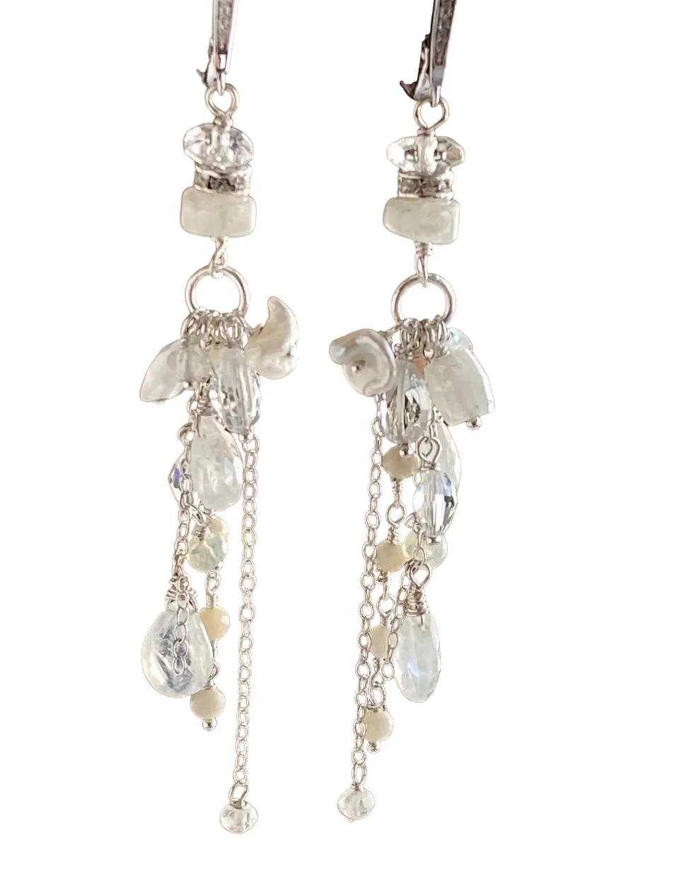 Rainbow Moonstone Long Boho Earrings Crystal Quartz Sterling Silver
