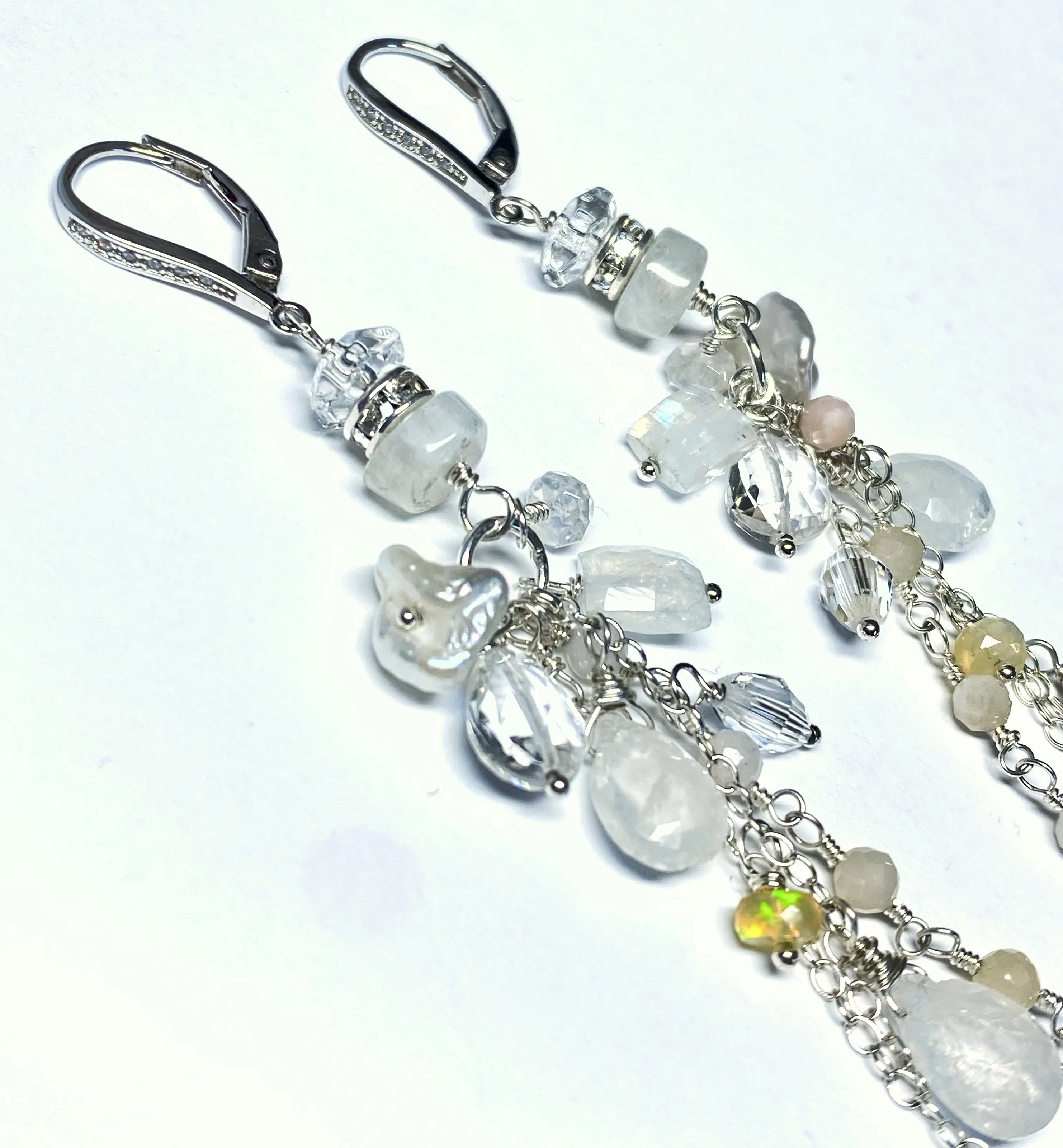Rainbow Moonstone Long Boho Earrings Crystal Quartz Sterling Silver