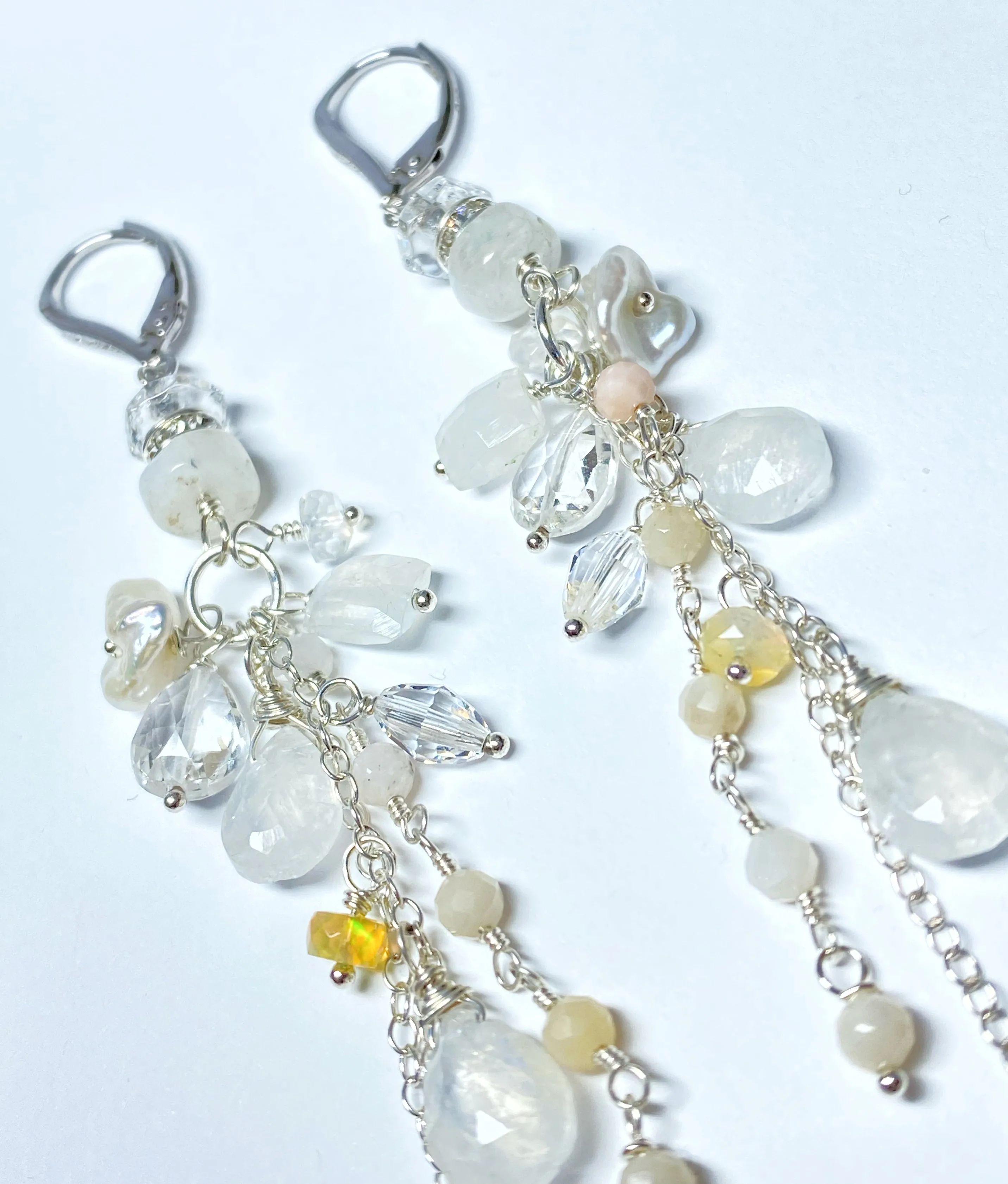 Rainbow Moonstone Long Boho Earrings Crystal Quartz Sterling Silver