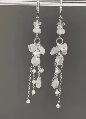 Rainbow Moonstone Long Boho Earrings Crystal Quartz Sterling Silver