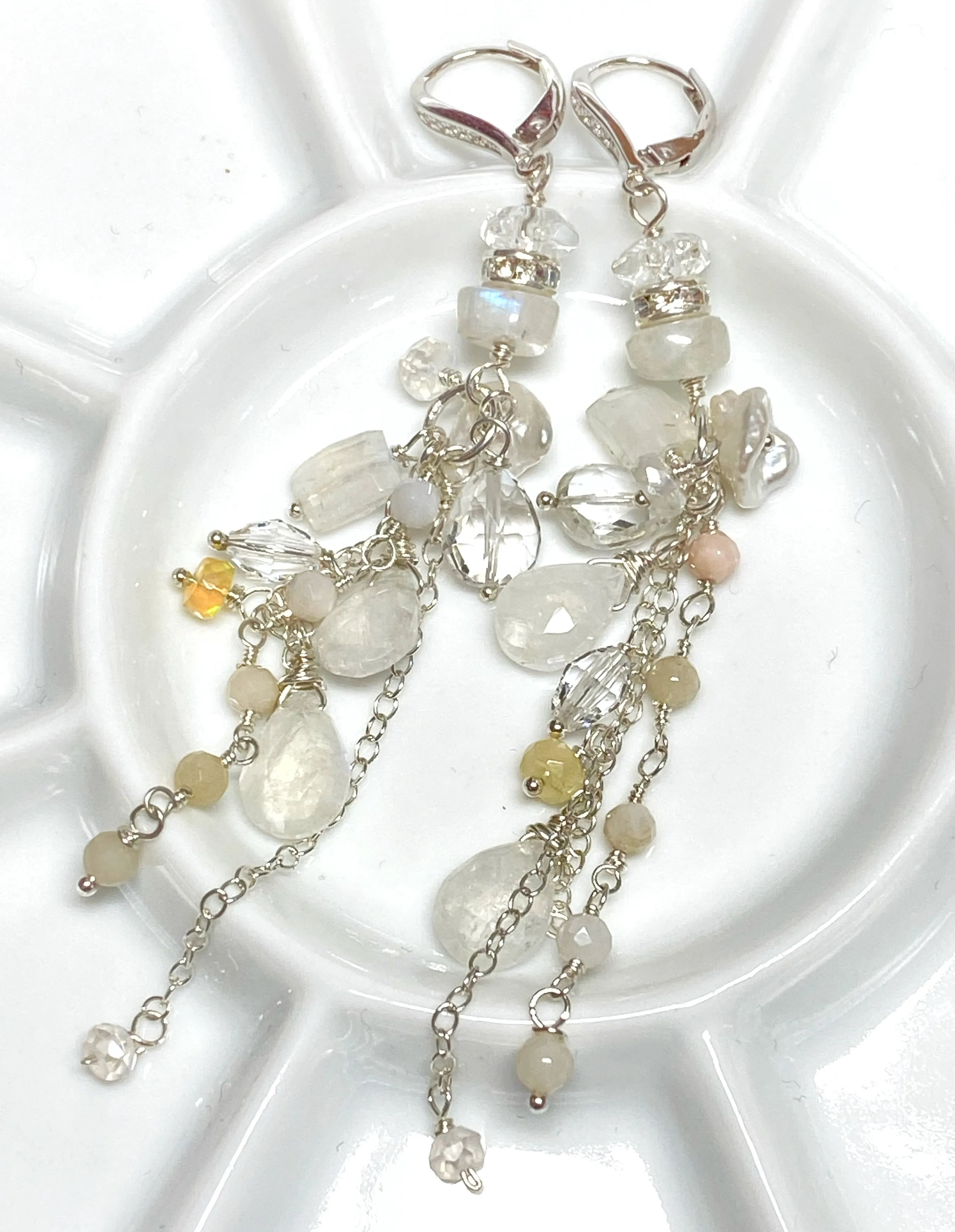Rainbow Moonstone Long Boho Earrings Crystal Quartz Sterling Silver