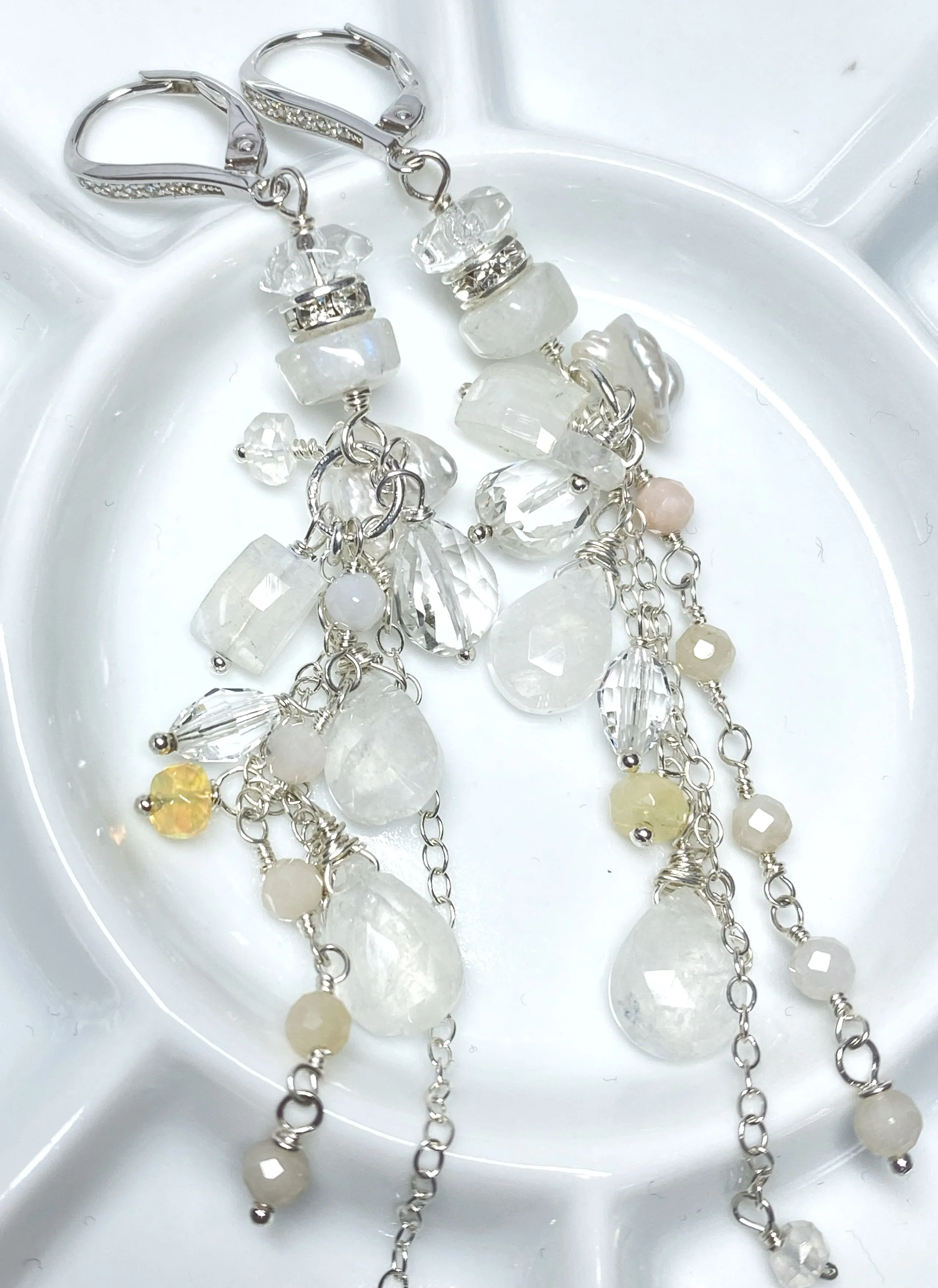 Rainbow Moonstone Long Boho Earrings Crystal Quartz Sterling Silver