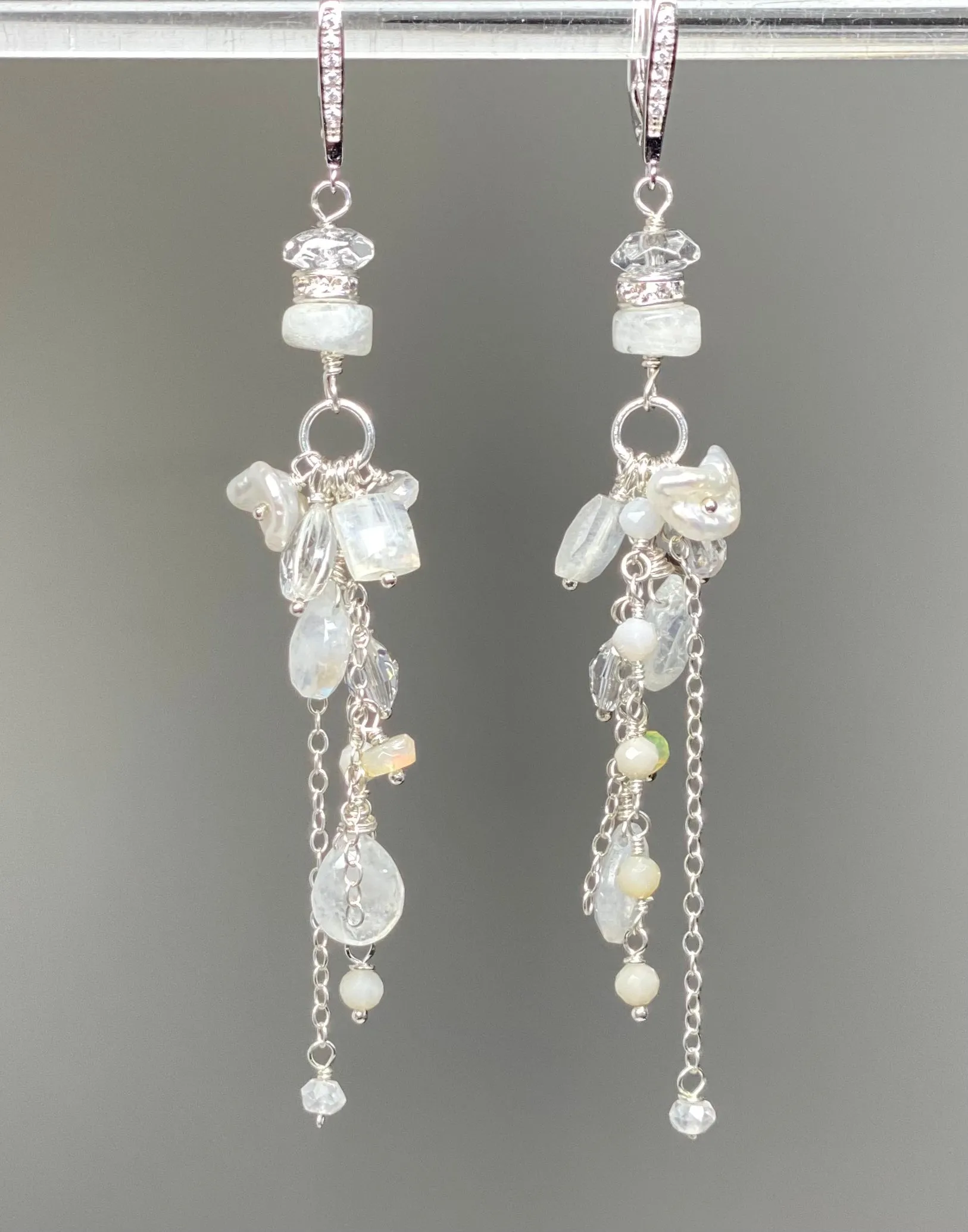 Rainbow Moonstone Long Boho Earrings Crystal Quartz Sterling Silver