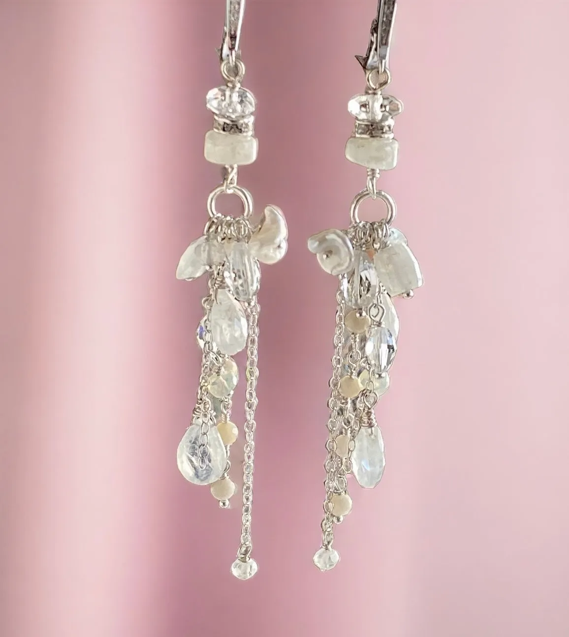 Rainbow Moonstone Long Boho Earrings Crystal Quartz Sterling Silver