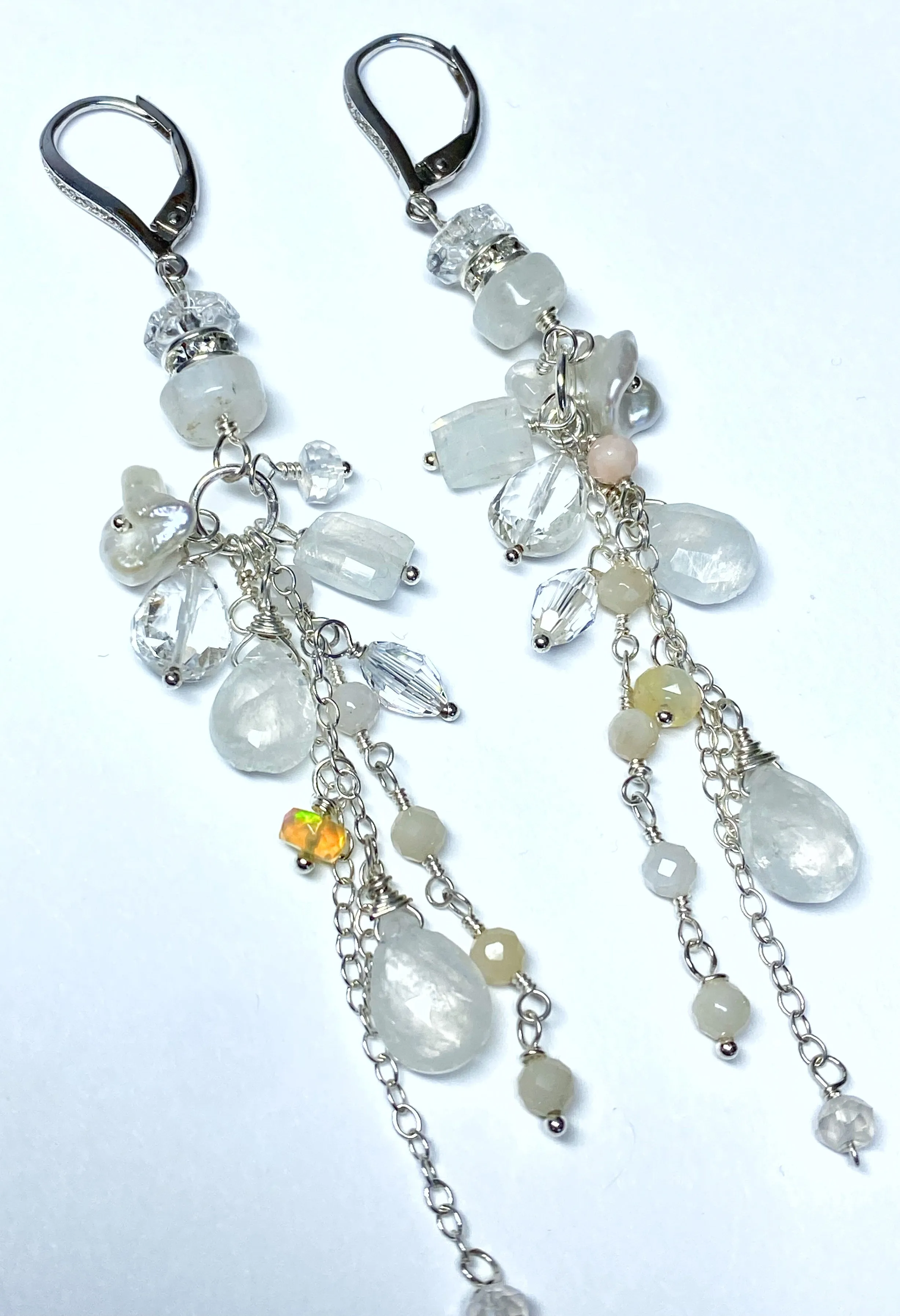 Rainbow Moonstone Long Boho Earrings Crystal Quartz Sterling Silver