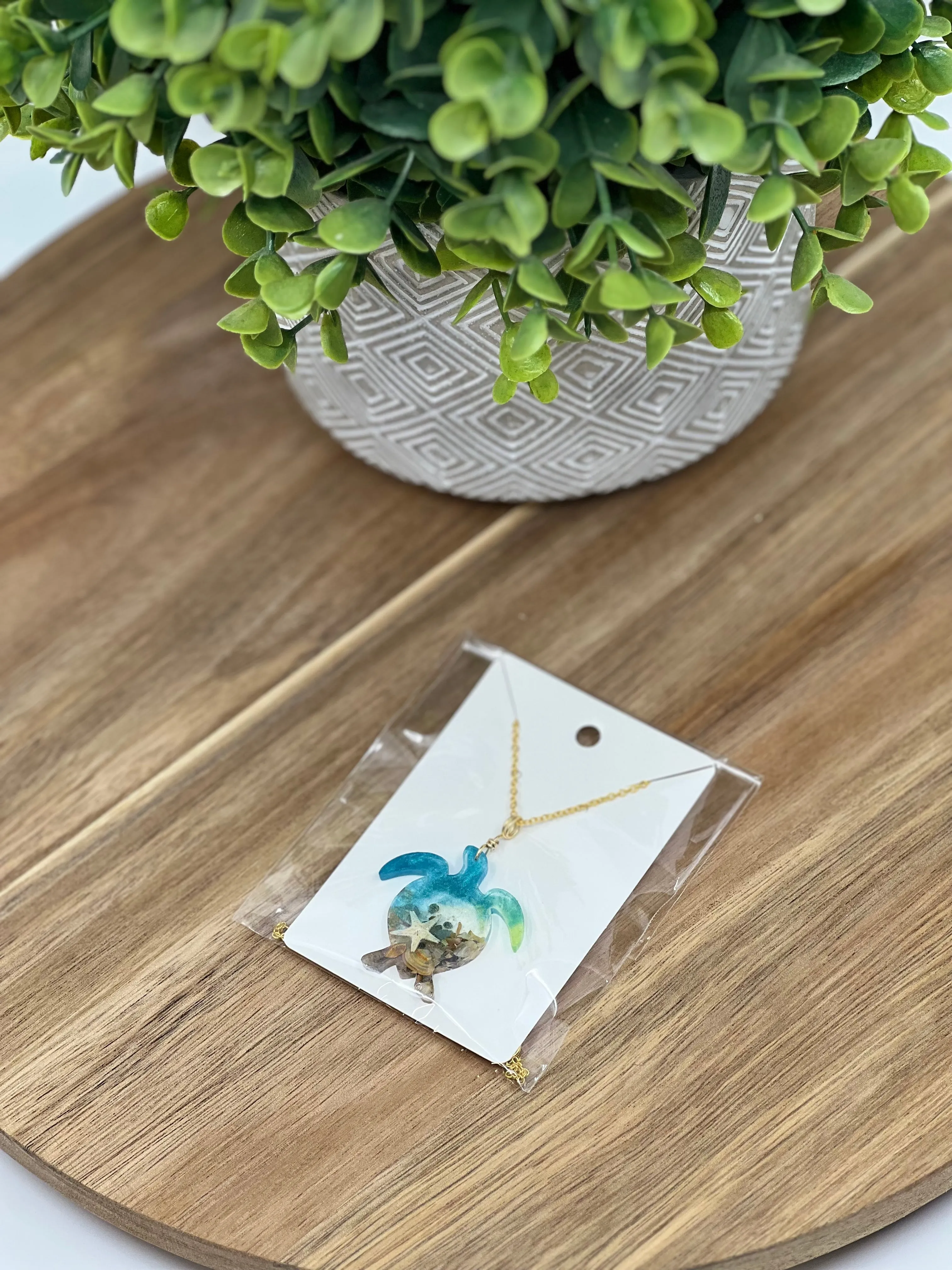 Real OBX Sand and Mini Starfish in Resin Sea Turtle Necklace