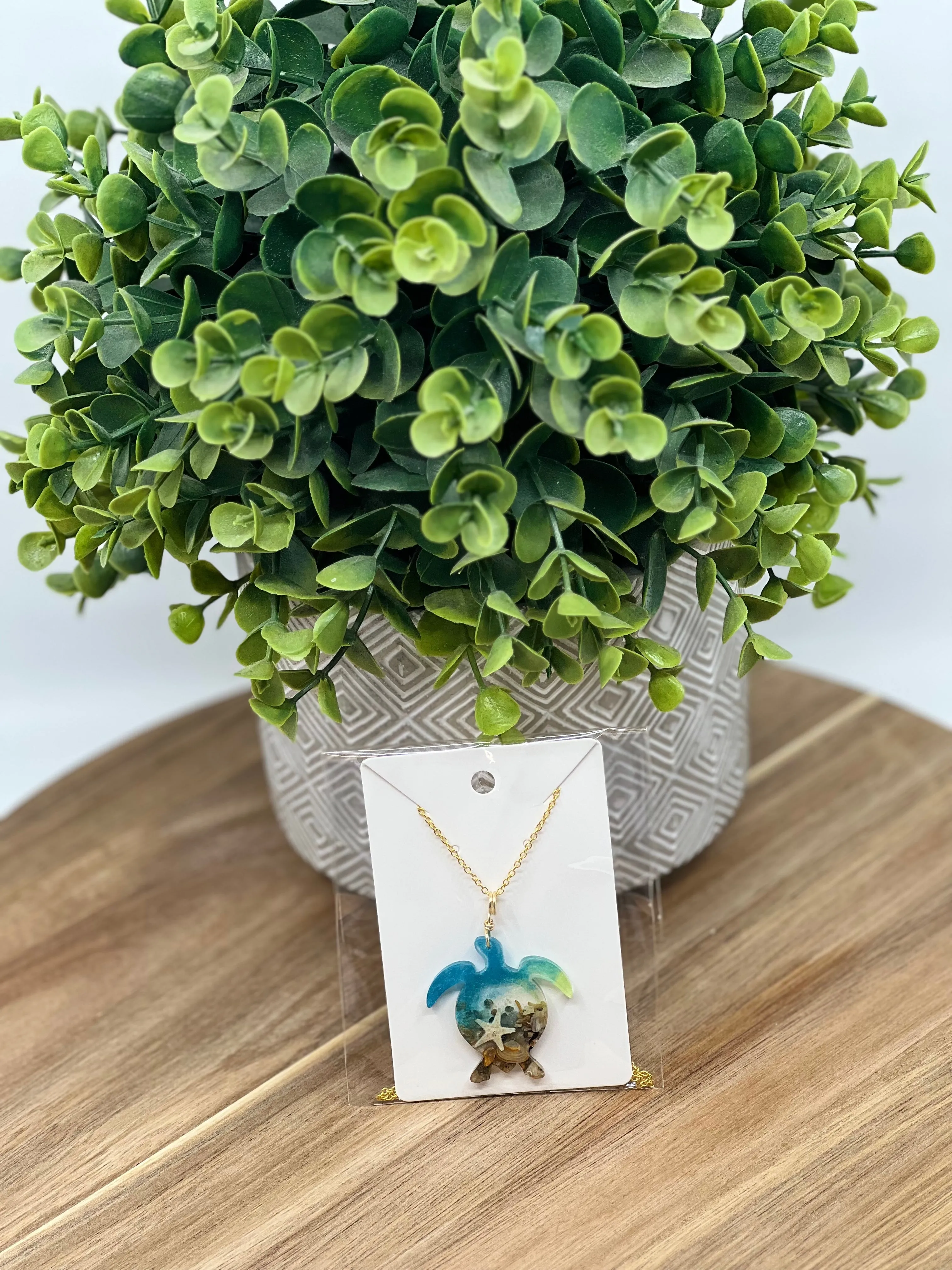 Real OBX Sand and Mini Starfish in Resin Sea Turtle Necklace