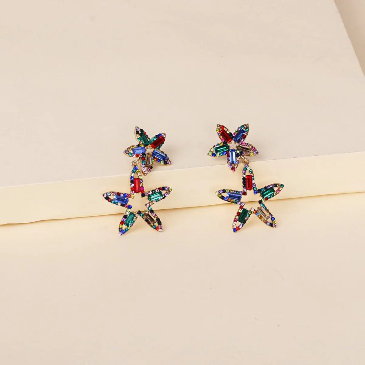 Red & Blue Crystal Cubic Zirconia Double Open Star Drop Earrings