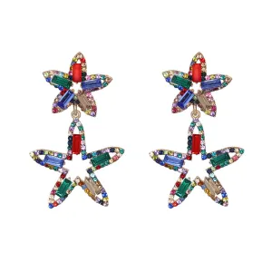 Red & Blue Crystal Cubic Zirconia Double Open Star Drop Earrings
