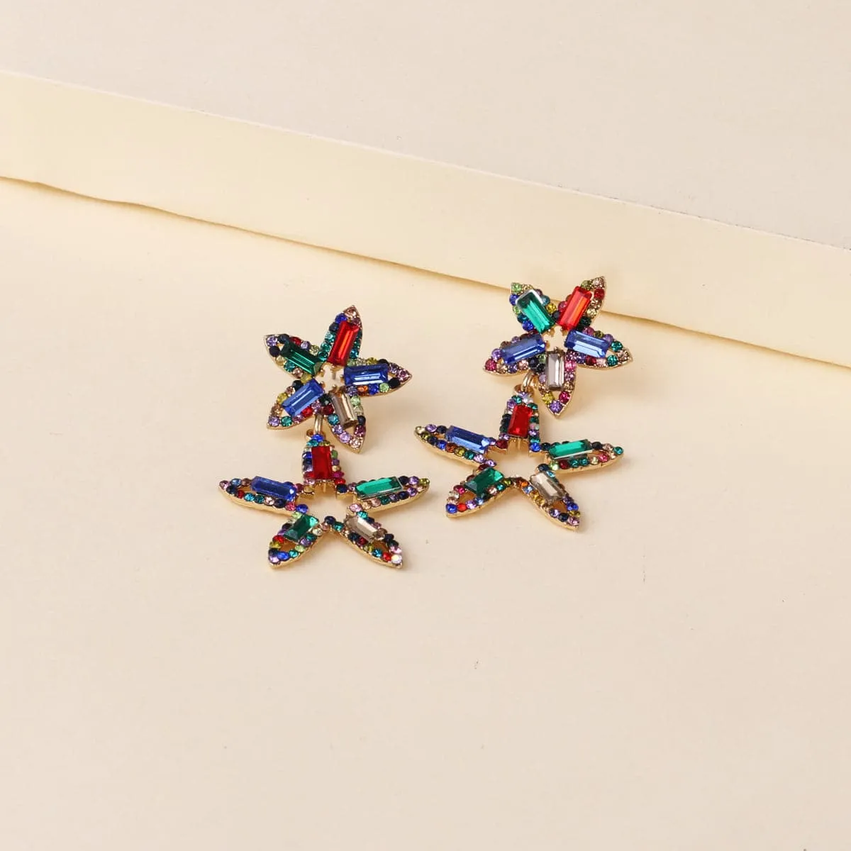 Red & Blue Crystal Cubic Zirconia Double Open Star Drop Earrings
