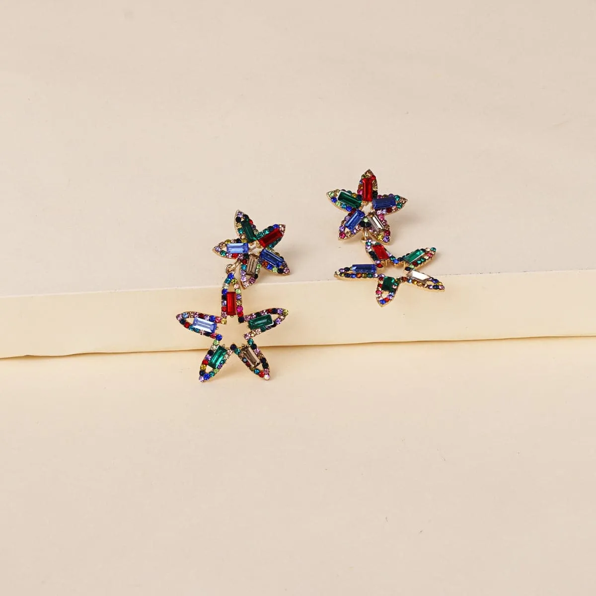 Red & Blue Crystal Cubic Zirconia Double Open Star Drop Earrings