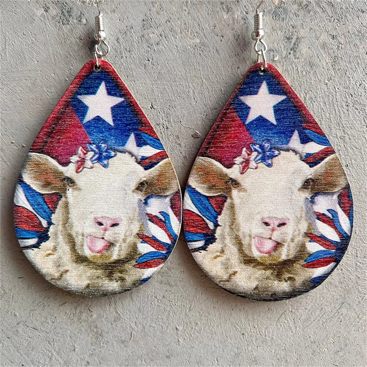 Red & White Stars & Stripes Sheep Teardrop Earrings