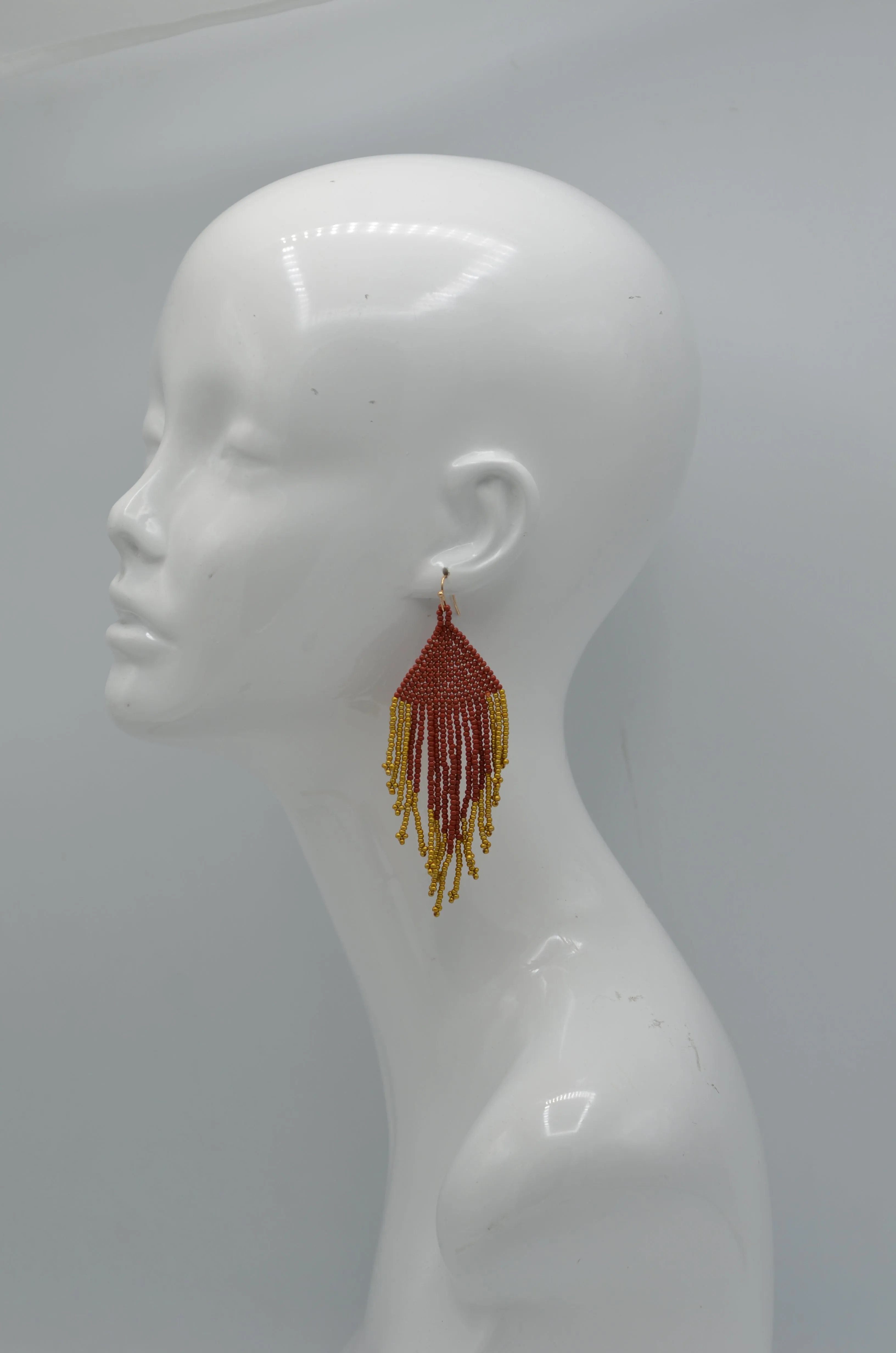 Red and gold seed bead tassel earrings#ADX0222685