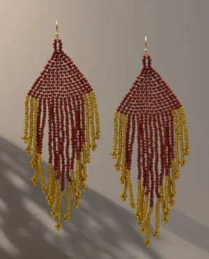 Red and gold seed bead tassel earrings#ADX0222685