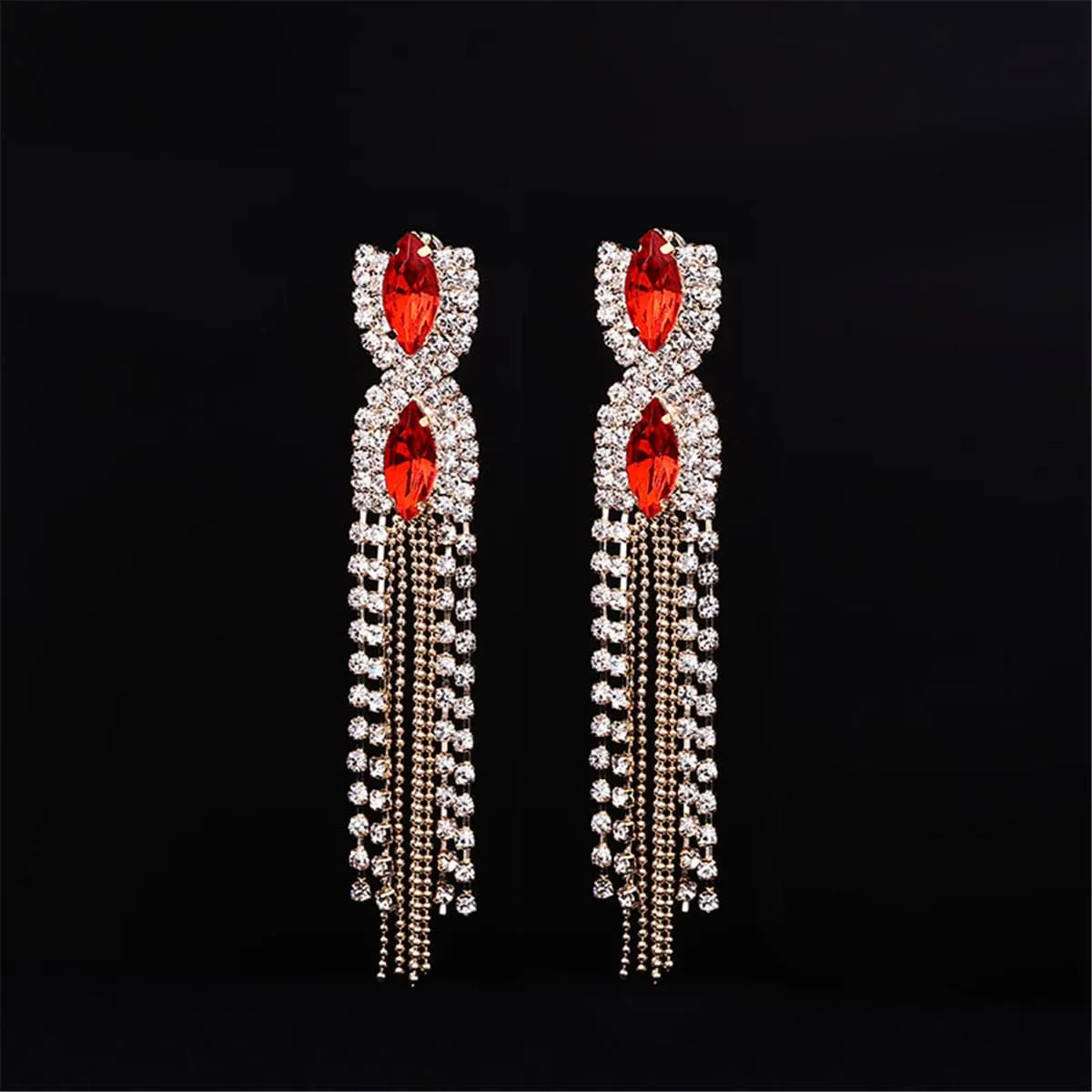 Red Crystal & Cubic Zirconia Marquise Tassel Drop Earrings