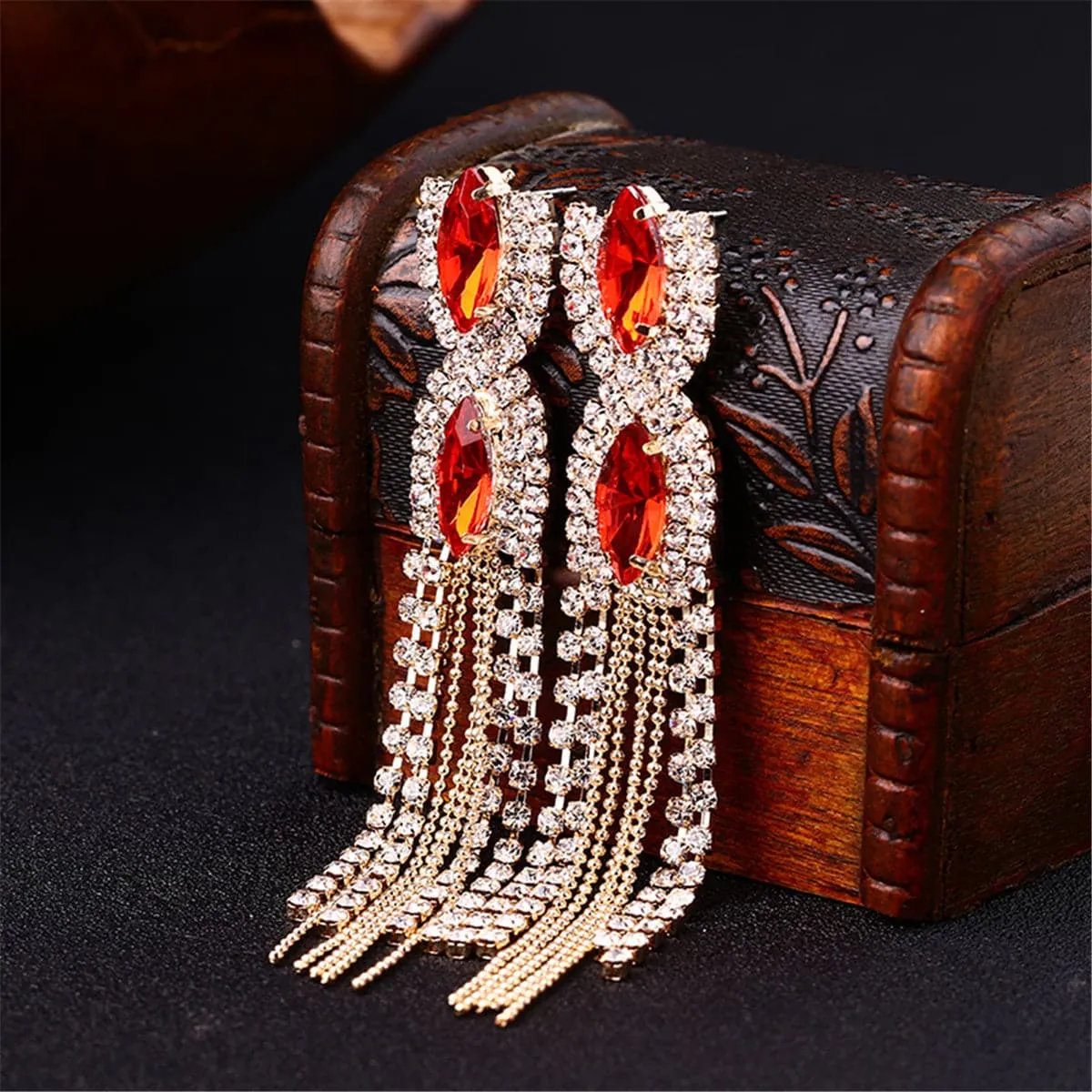 Red Crystal & Cubic Zirconia Marquise Tassel Drop Earrings