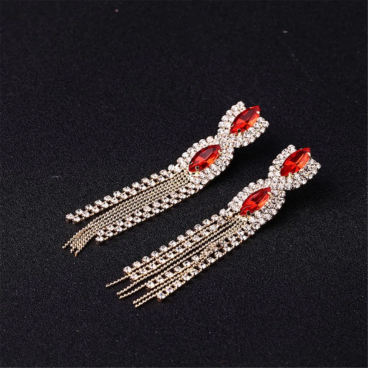 Red Crystal & Cubic Zirconia Marquise Tassel Drop Earrings