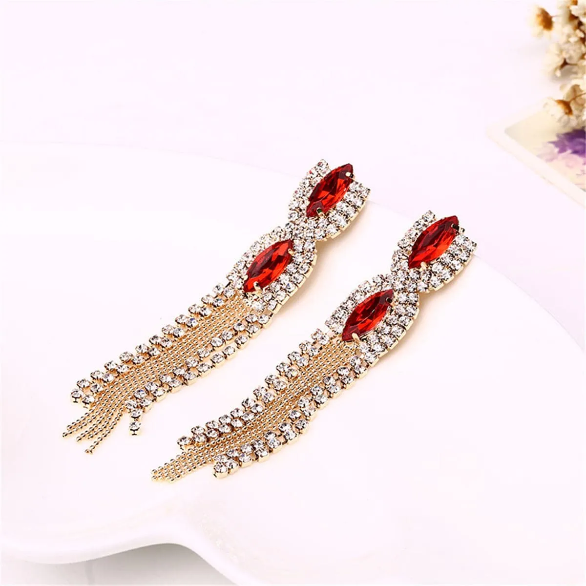 Red Crystal & Cubic Zirconia Marquise Tassel Drop Earrings