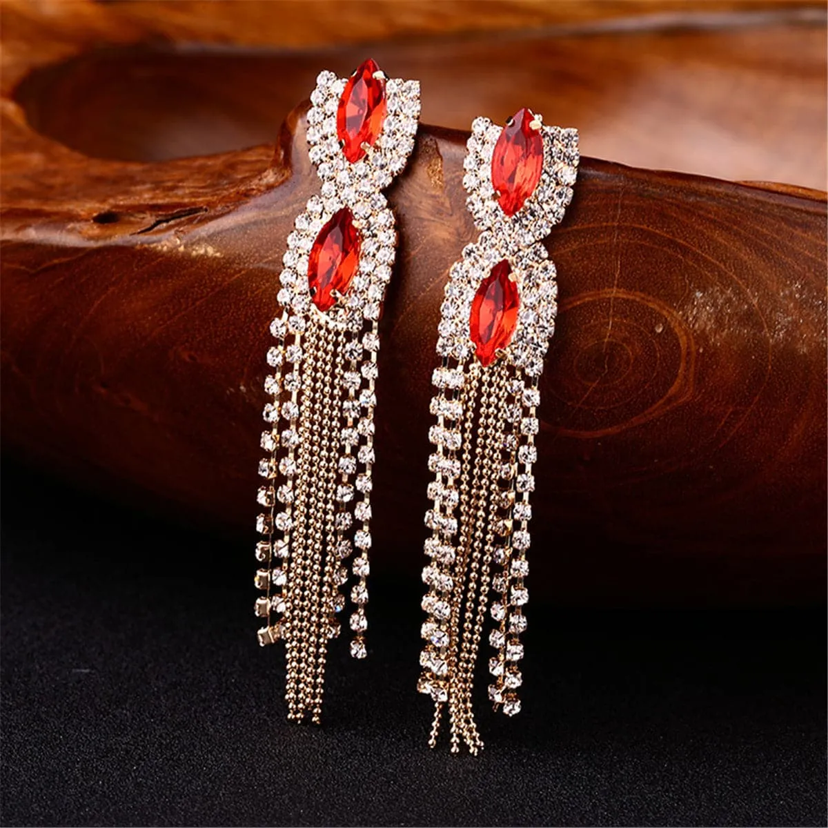 Red Crystal & Cubic Zirconia Marquise Tassel Drop Earrings