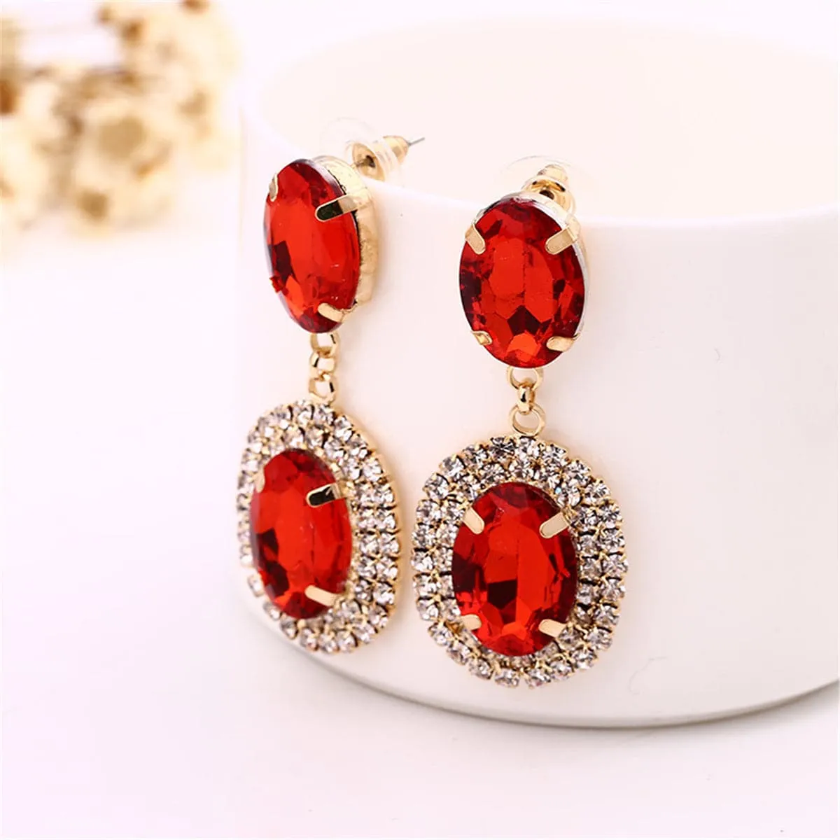 Red Crystal & Cubic Zirconia Oval Tiered Drop Earrings