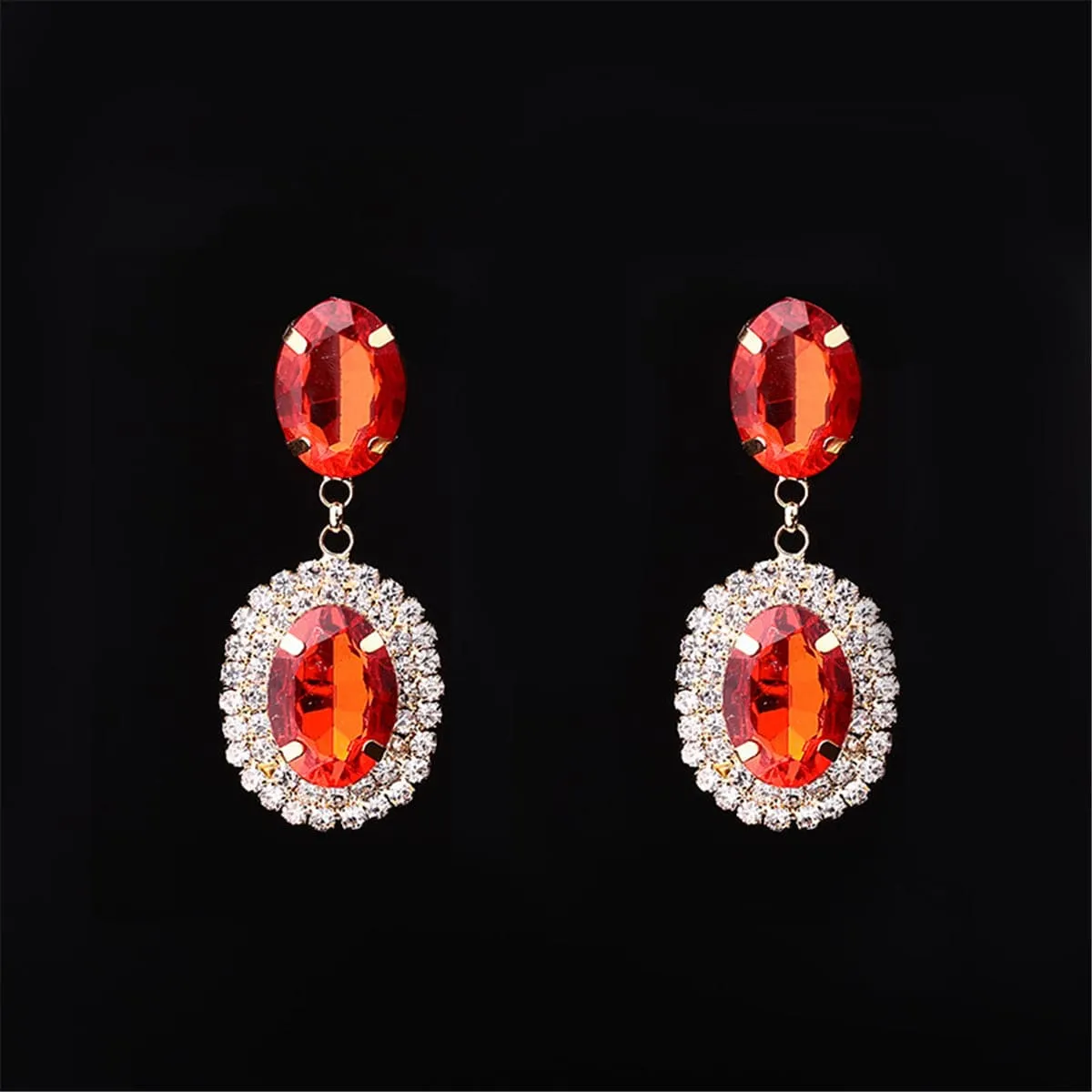 Red Crystal & Cubic Zirconia Oval Tiered Drop Earrings