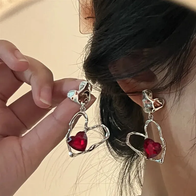 Red Crystal Stone Dangle Earrings Simple Vintage Gothic Pearl Heart Pendant Earring Ear Drop