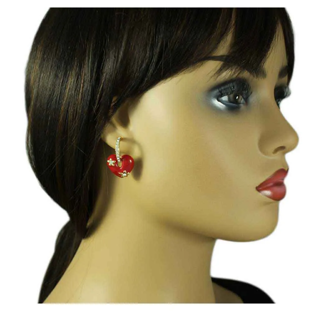 Red Enamel Heart with Crystal Hoop Pierced Earring - REE406RD