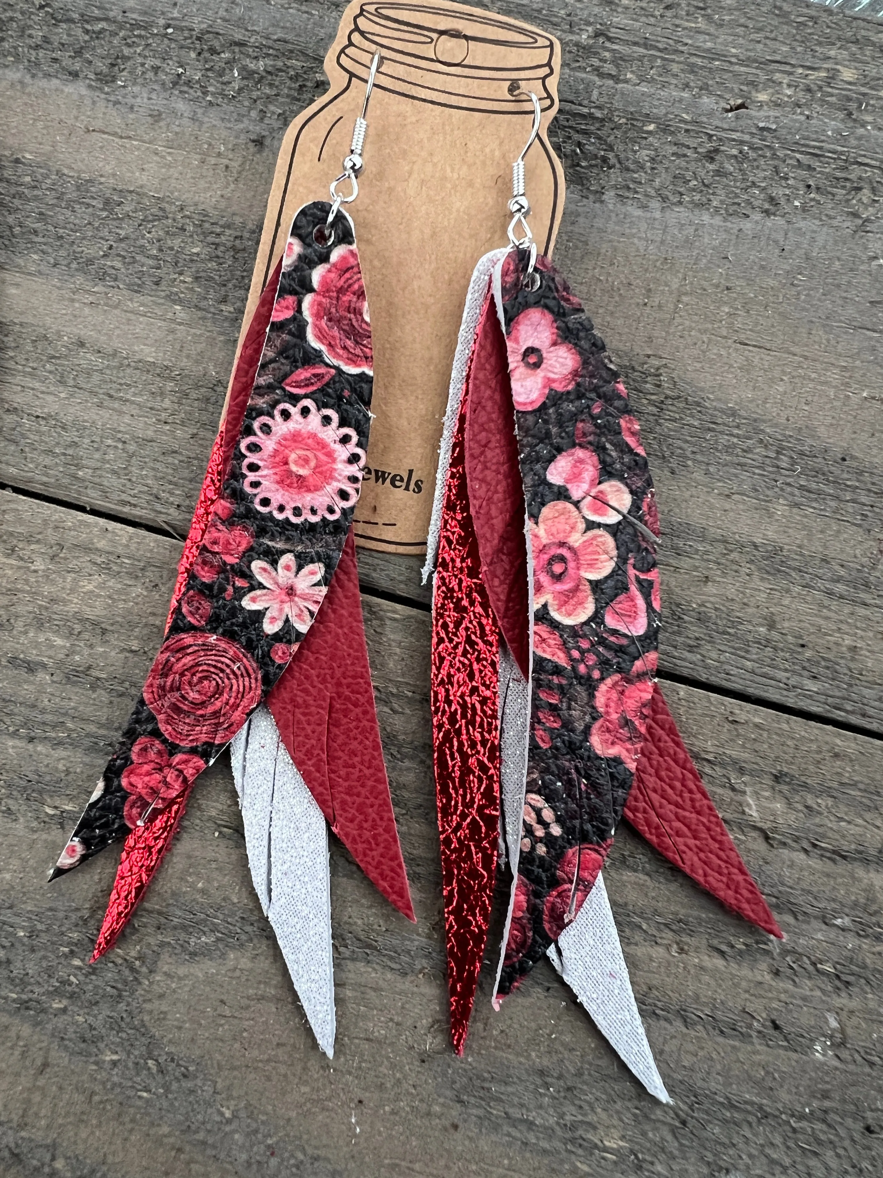 Red Floral Stacked Fringe Feather Earrings