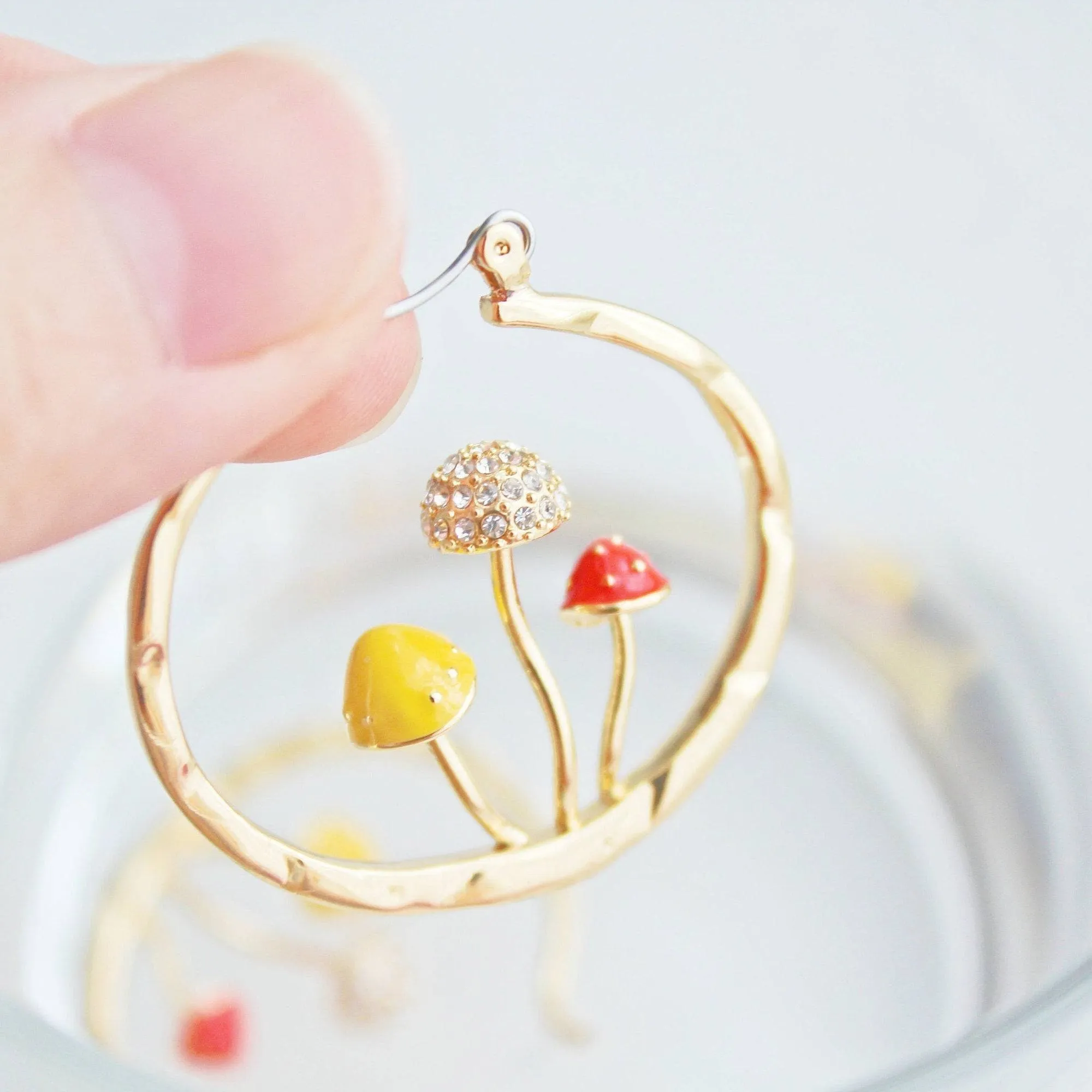 Red Fly Agaric Good Luck Mushroom Earrings in Gold Hoop - Handmade Jewelry Gift Box Included