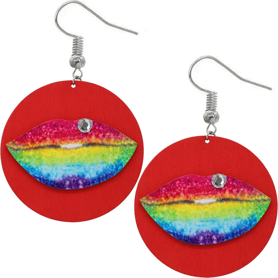 Red Multicolor Big Lip Wooden Earrings