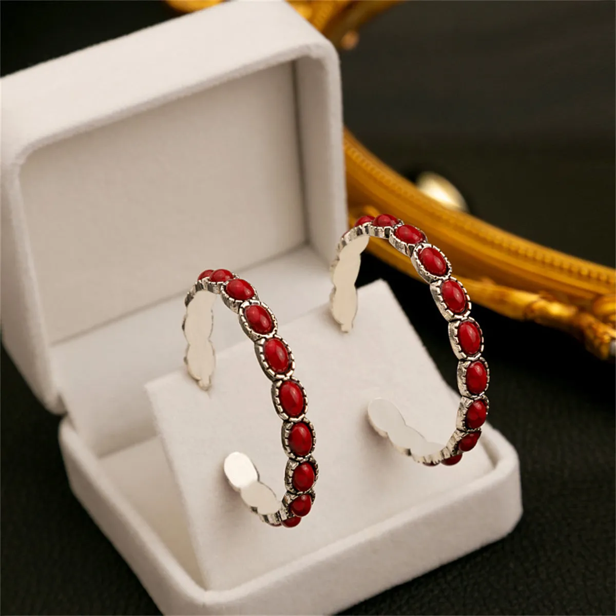 Red Turquoise & Silver-Plated Oval-Cut Hoop Earrings