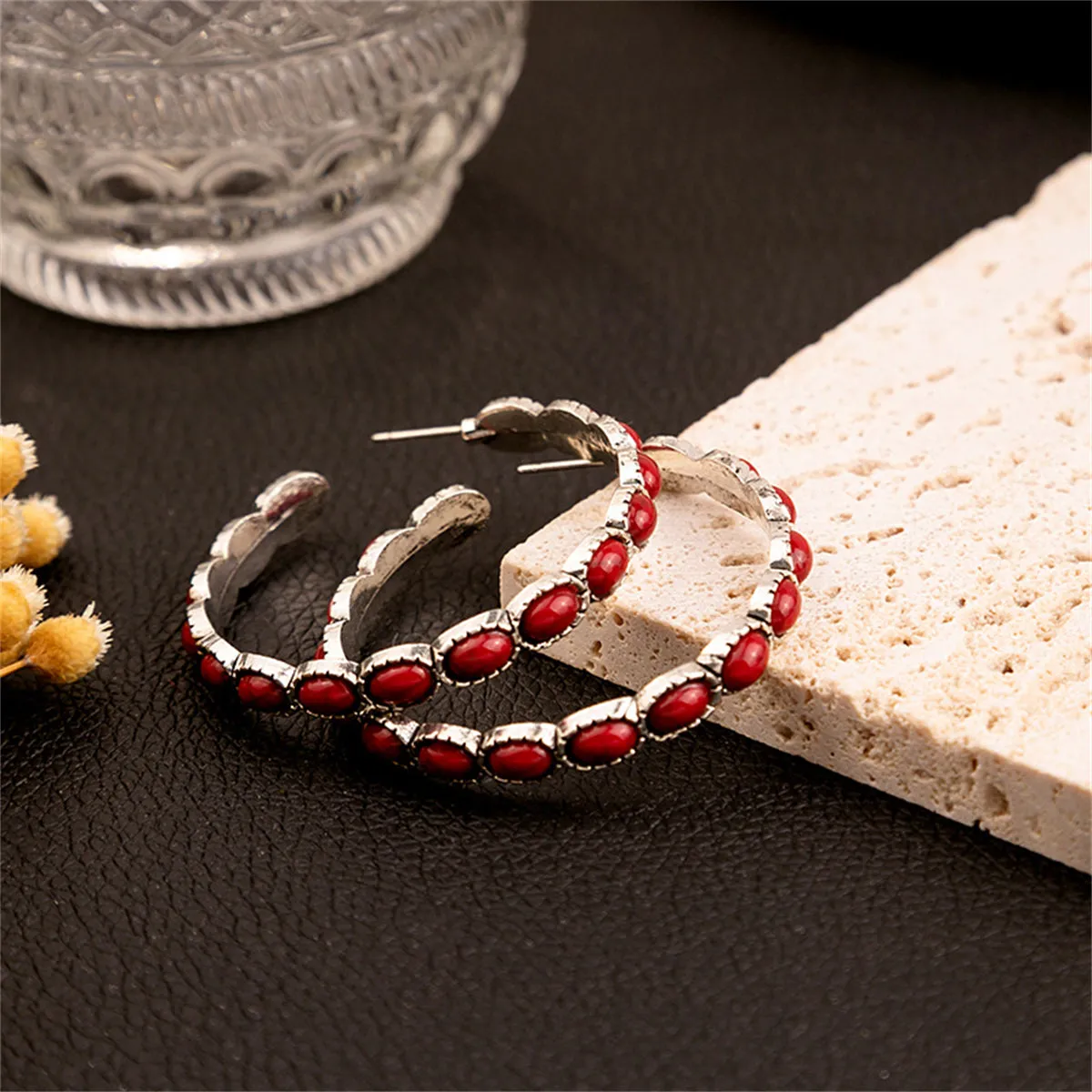 Red Turquoise & Silver-Plated Oval-Cut Hoop Earrings