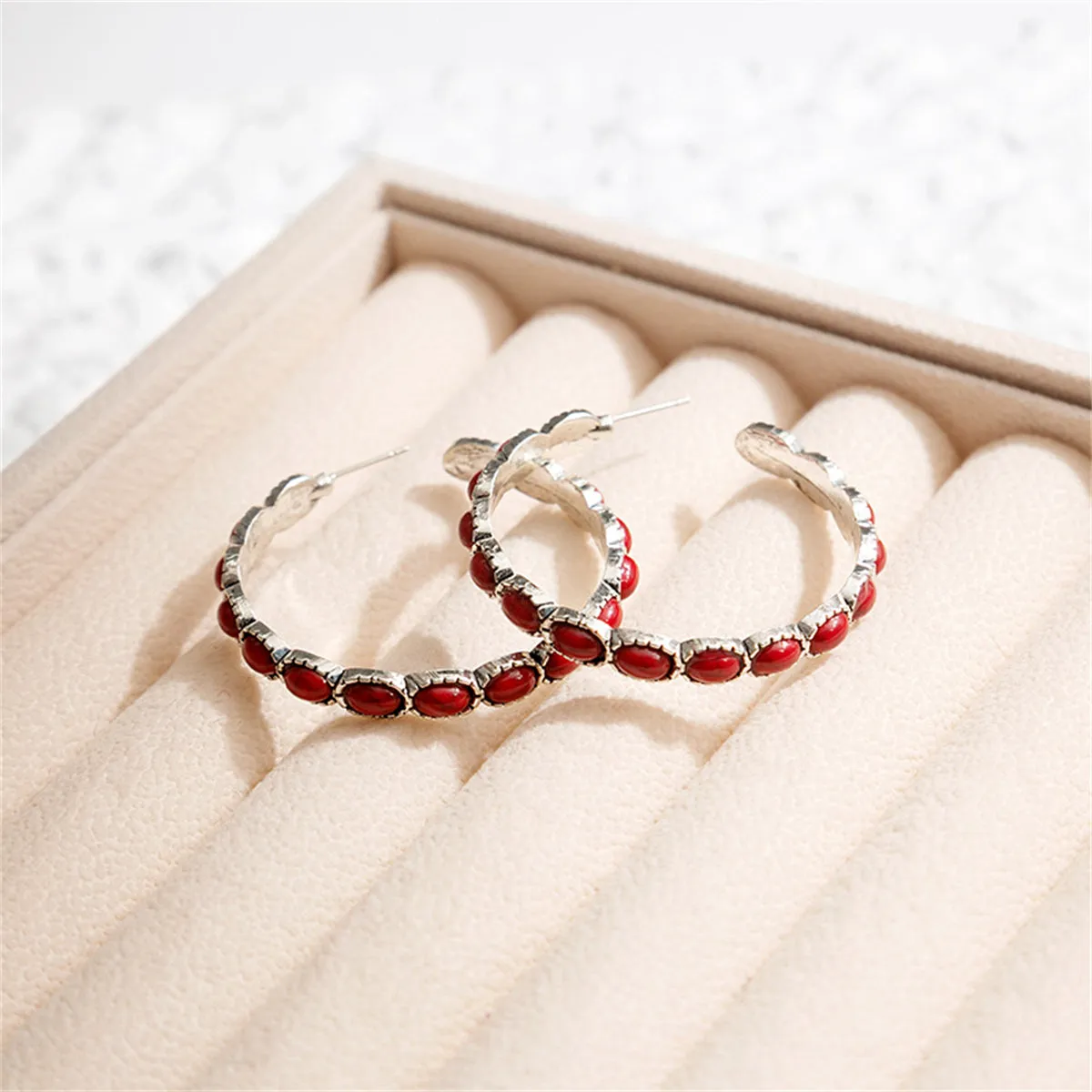 Red Turquoise & Silver-Plated Oval-Cut Hoop Earrings