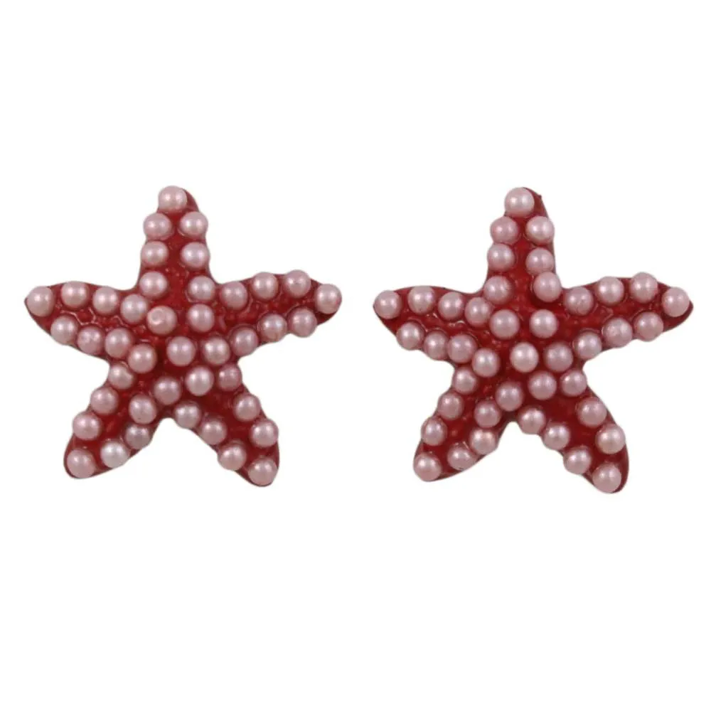 Red with Pink Beads Starfish Pierced Earring - FE906