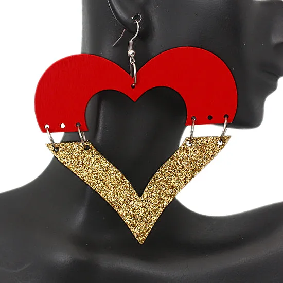 Red Wooden Linked Heart Glitter Earrings