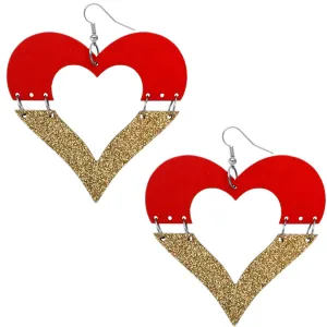 Red Wooden Linked Heart Glitter Earrings