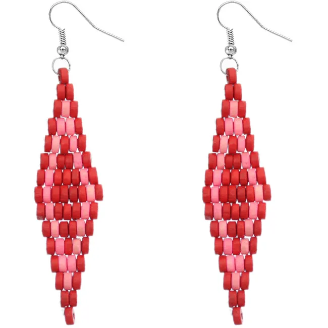 Red Wooden Tier Diamond Shaped Earrings