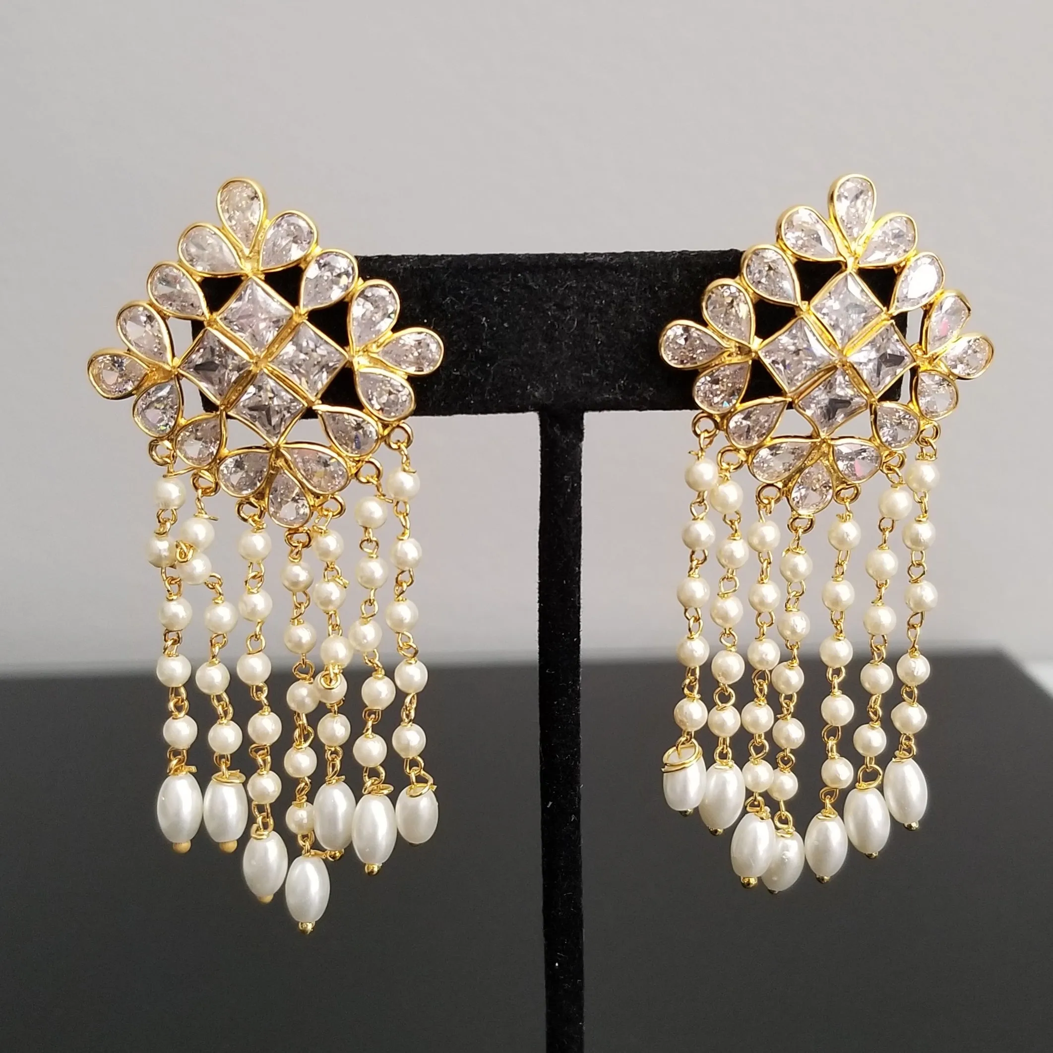 Reserved For Arya And Maha Lakshmi Pearl Tassel AD Earrings With Gold Finish DT4