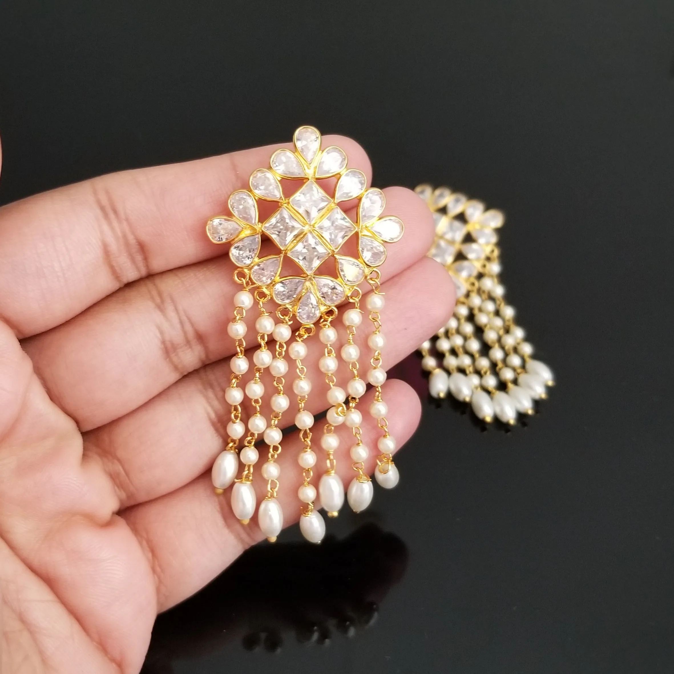 Reserved For Arya And Maha Lakshmi Pearl Tassel AD Earrings With Gold Finish DT4