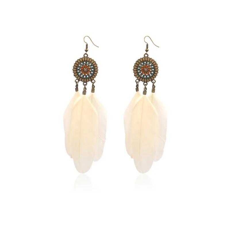 Retro Sunflower Feather Fringed Earrings