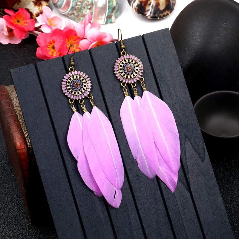 Retro Sunflower Feather Fringed Earrings