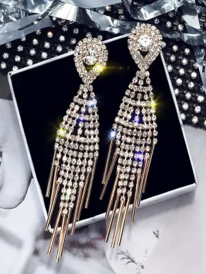 Rhinestone and Gold Tassel Earrings
