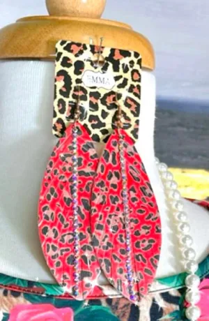 Rhinestone and Red Leopard Feather Earring