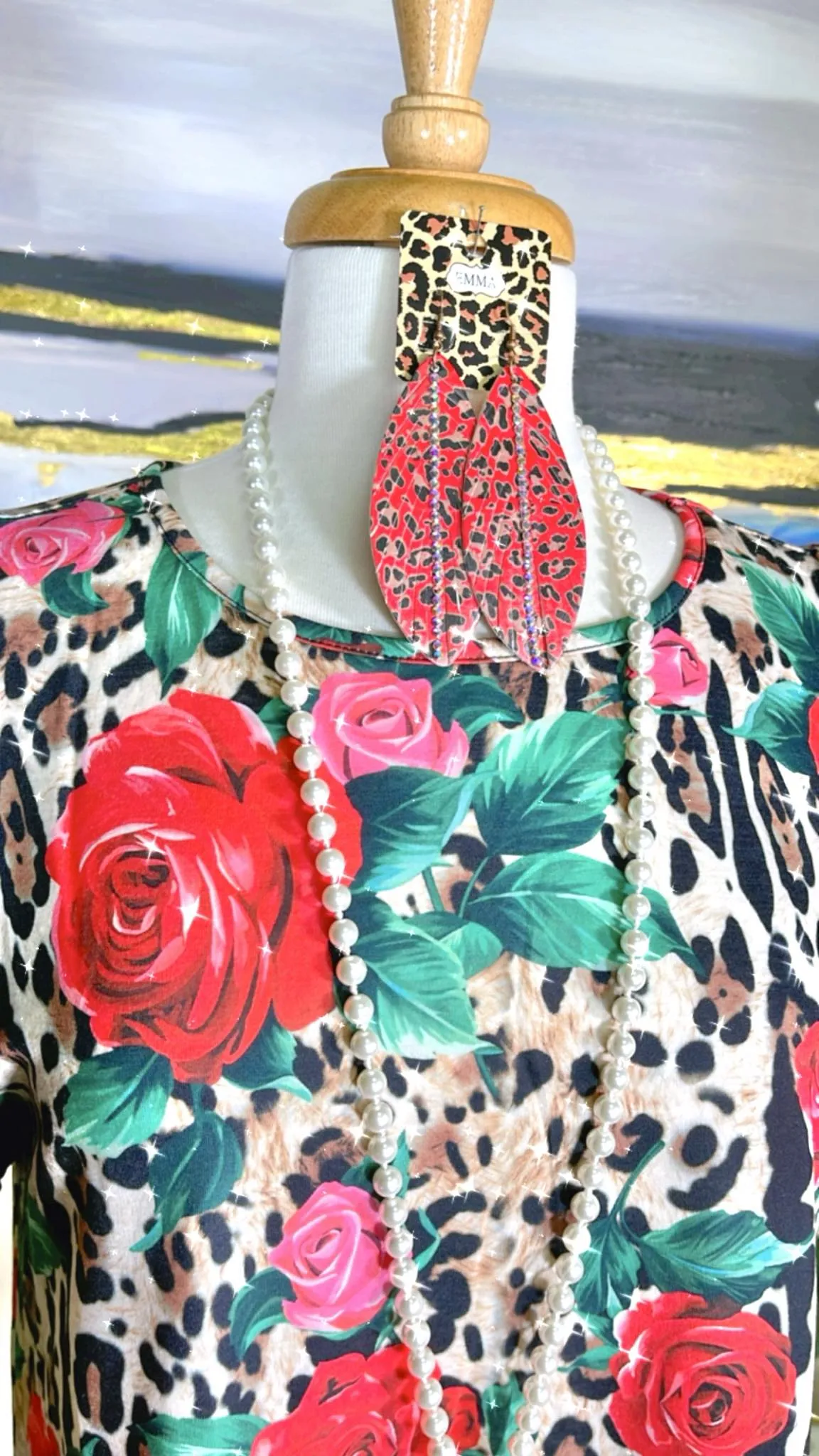 Rhinestone and Red Leopard Feather Earring