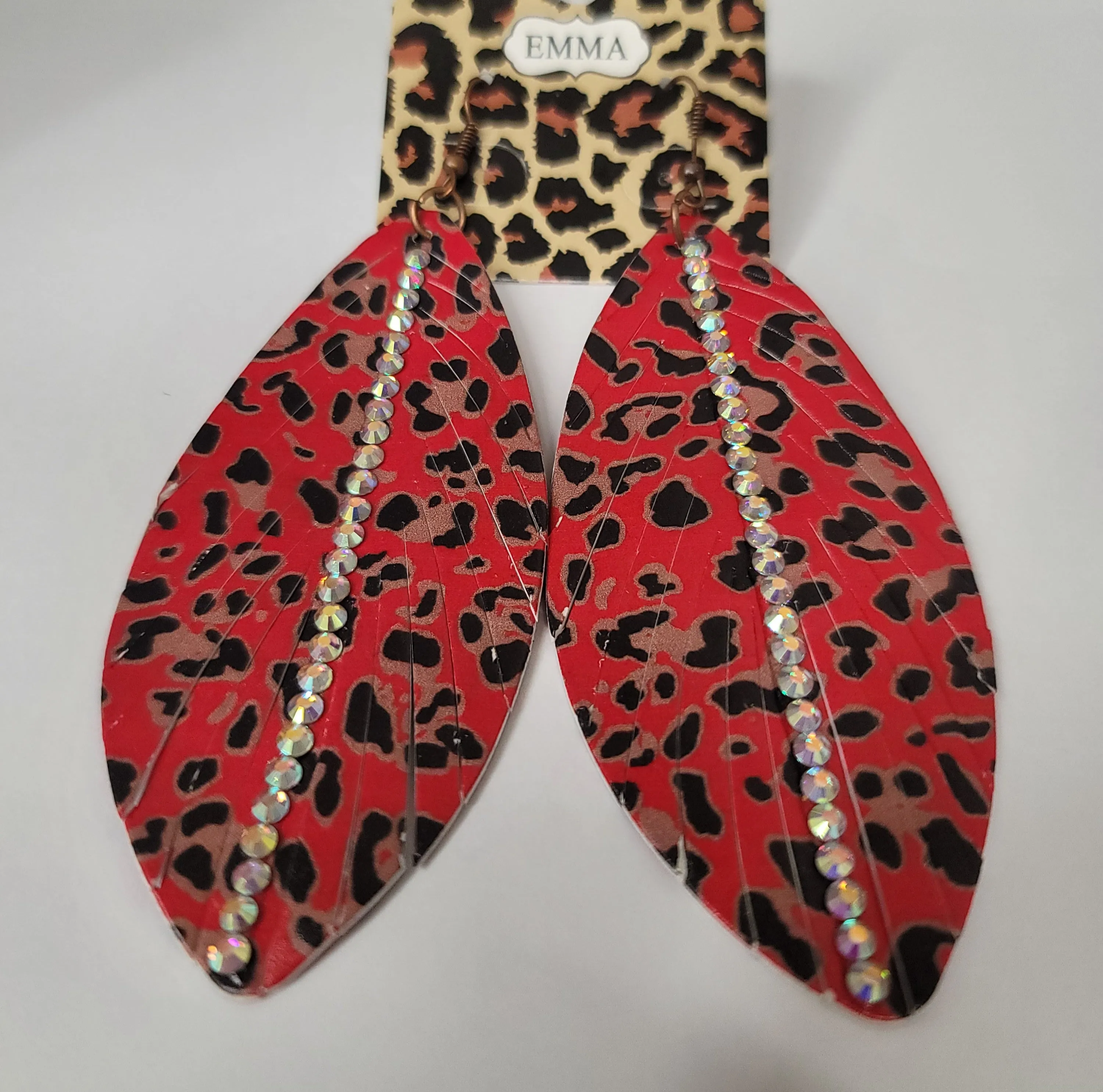 Rhinestone and Red Leopard Feather Earring